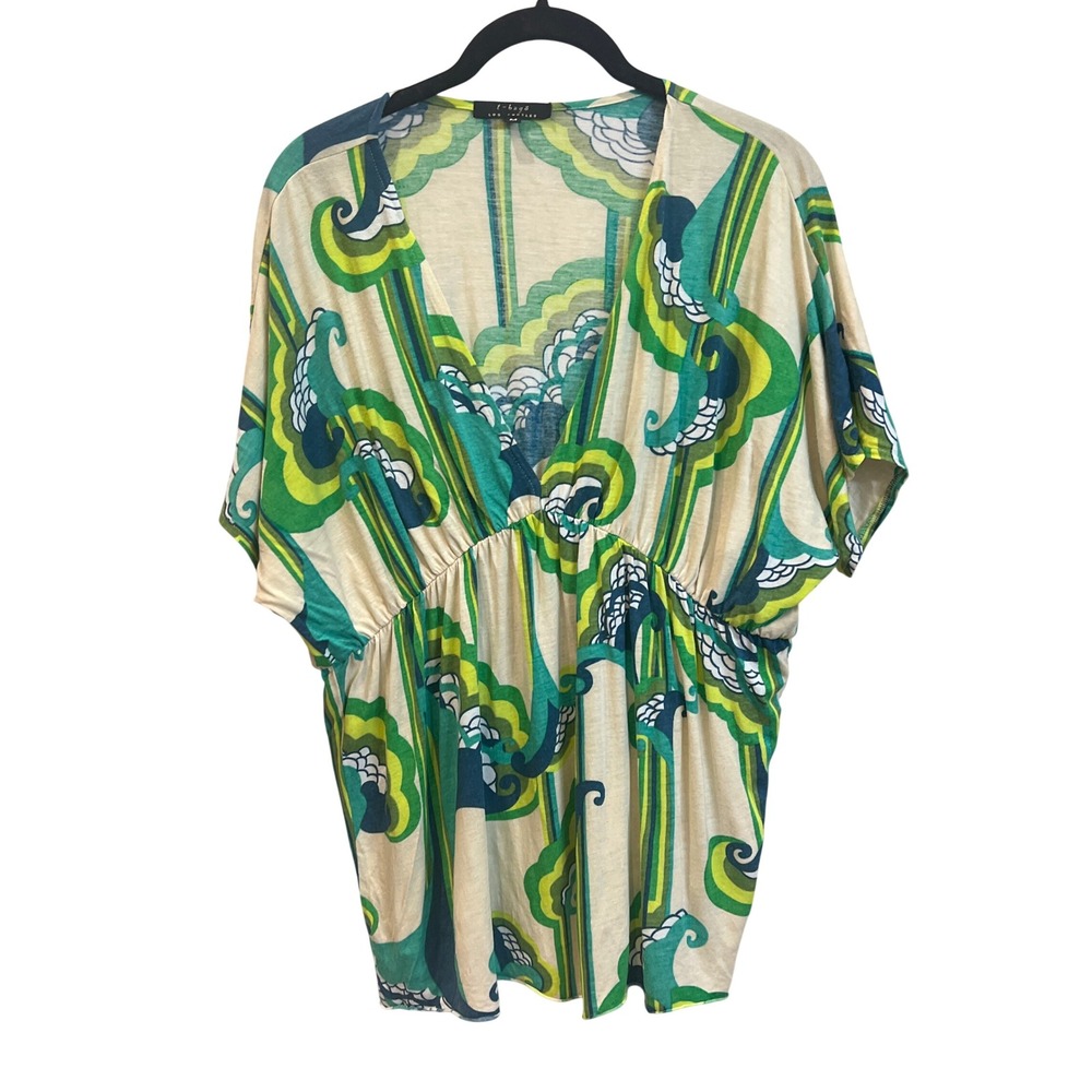 T-bags Los Angeles Green Abstract Print Tunic Top V Neck Size Medium